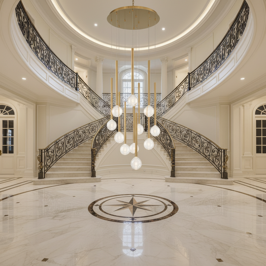 Riviko Aura Droplet Round LED Chandelier - grand American foyer with two-story ceiling