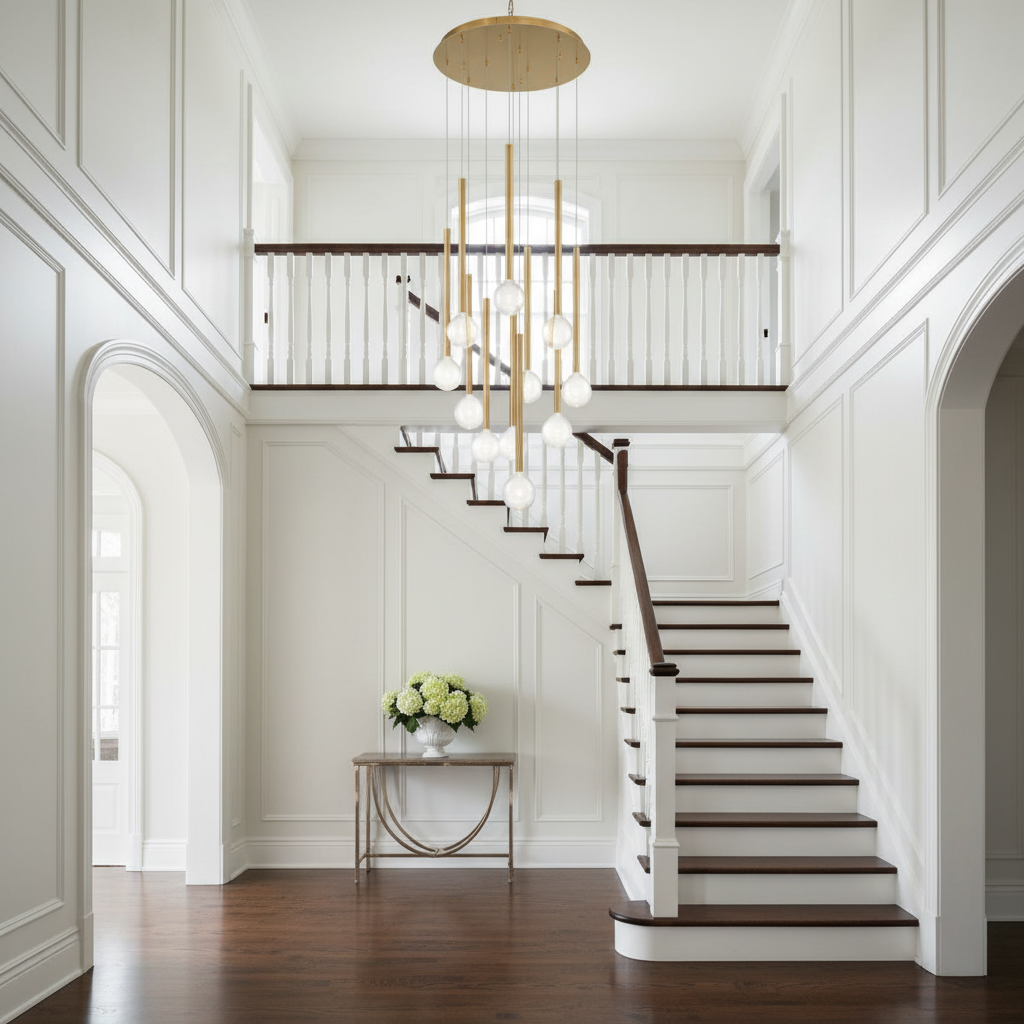 Riviko Aura Droplet Round LED Chandelier - elegant American entryway with arched doorway