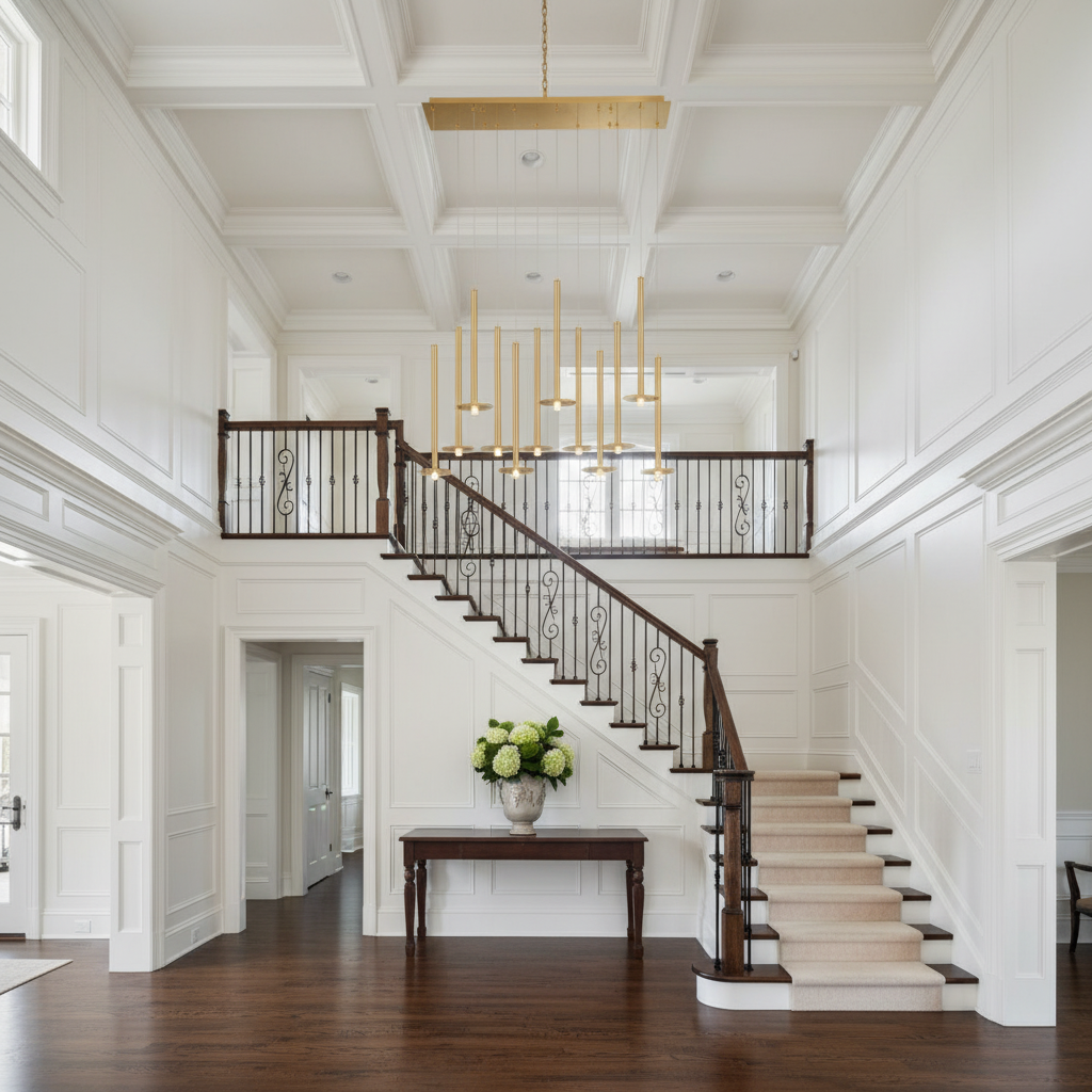 Riviko Aura Stream Linear LED Chandelier - elegant American entryway with arched doorway