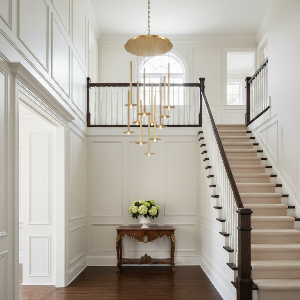 Riviko Aura Grandeur Round LED Chandelier - elegant American entryway with arched doorway