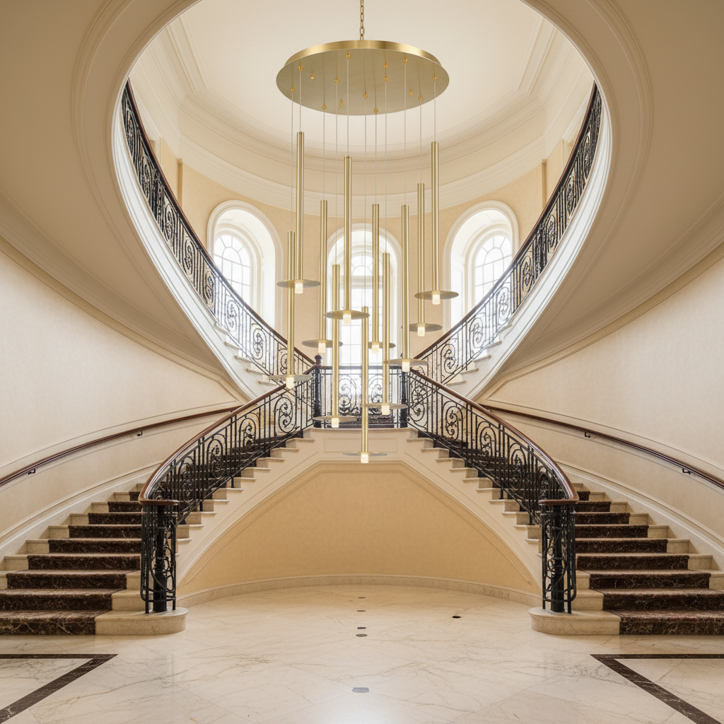 Riviko Aura Grandeur Round LED Chandelier - dramatic American stairwell with soaring ceiling