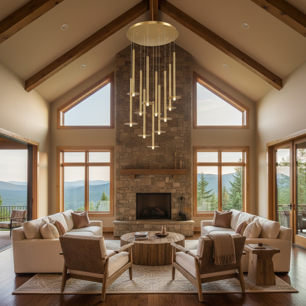 Riviko Aura Grandeur Round LED Chandelier - American transitional great room with cathedral ceiling