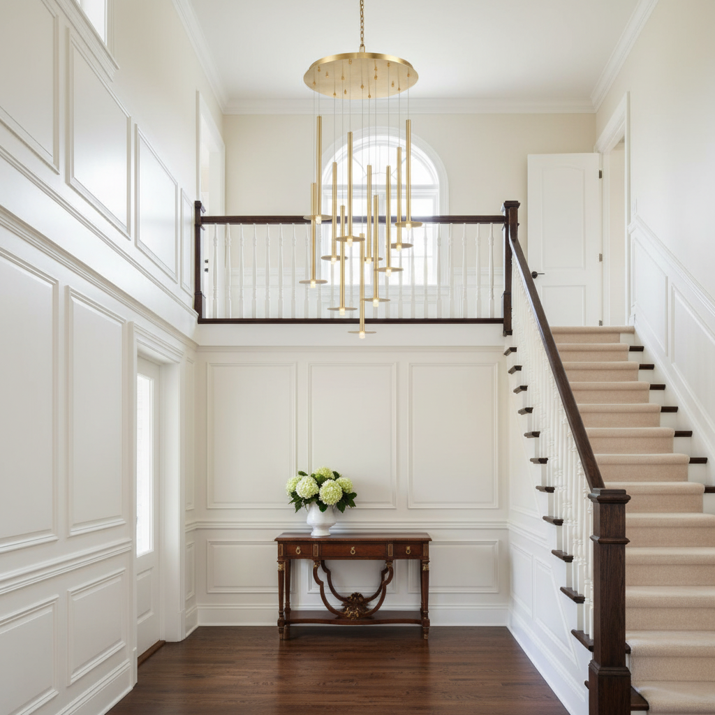 Riviko Ursula Round LED Chandelier - elegant American entryway with arched doorway