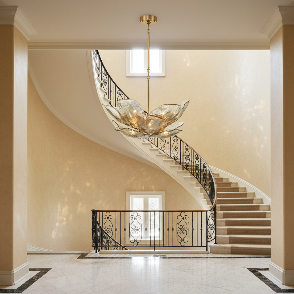 Riviko Veridian Bloom Glass Chandelier - dramatic American stairwell with soaring ceiling