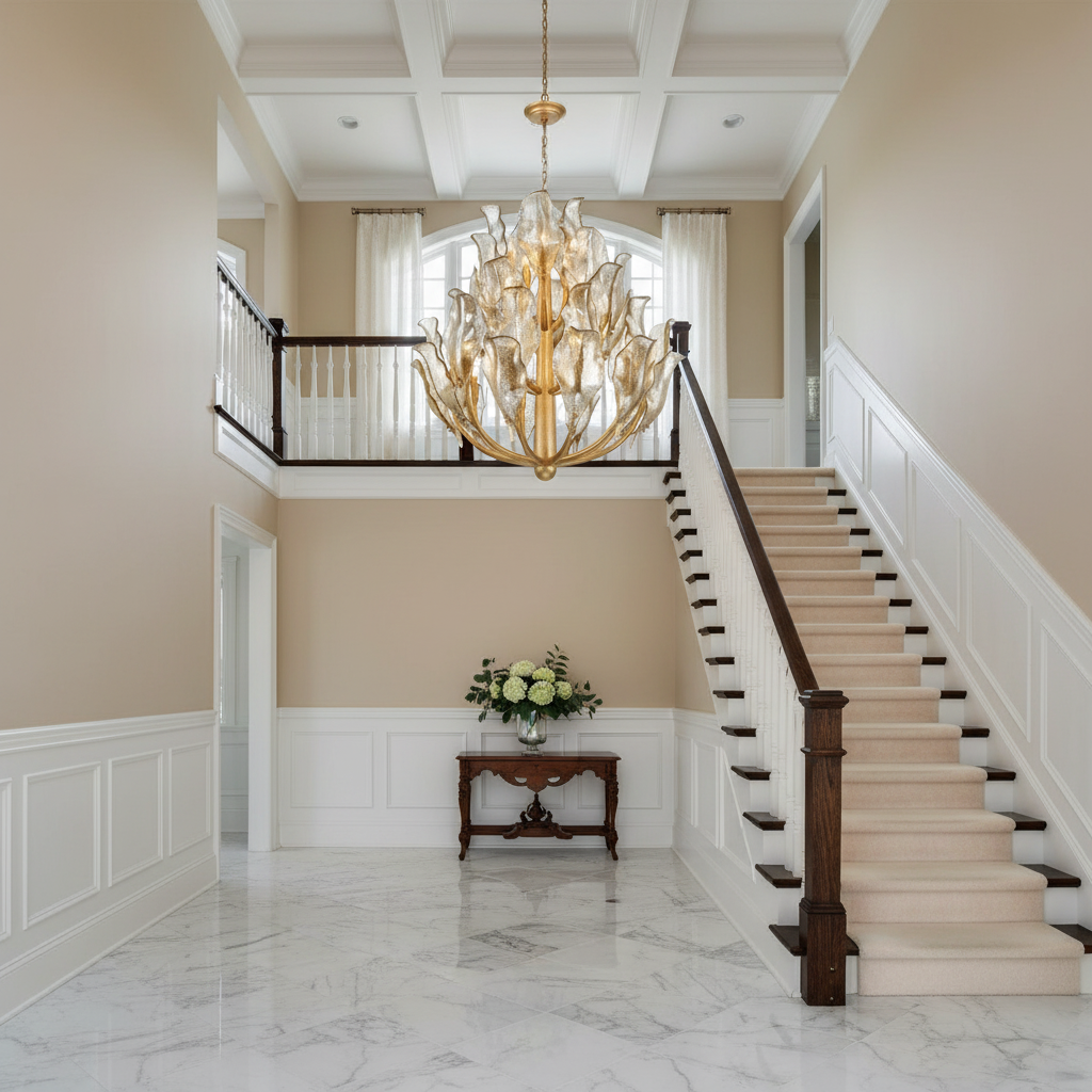 Riviko Aura Grandeur Round Chandelier - elegant American entryway with arched doorway
