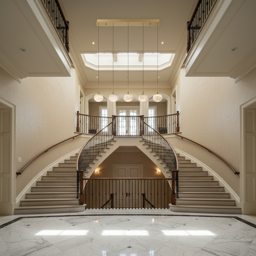 Riviko Alabaster Ovoid Linear LED Chandelier - dramatic American stairwell with soaring ceiling