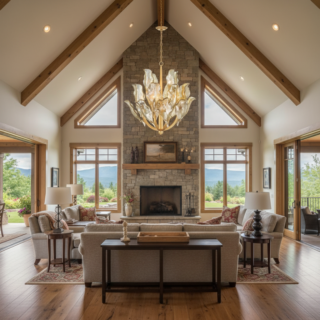 Riviko Tarot Modern Glass Chandelier - American transitional great room with cathedral ceiling