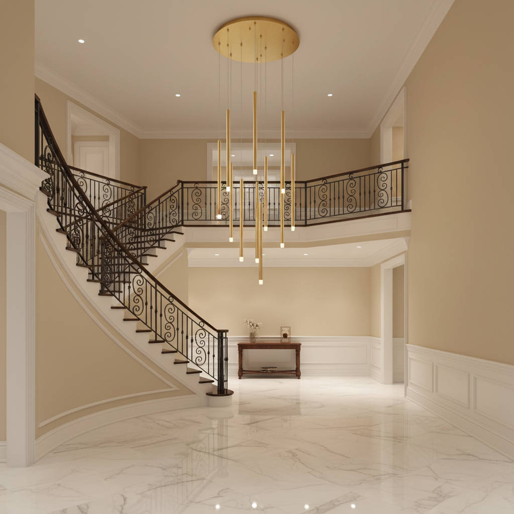 Riviko Radiant Spire Round LED Chandelier - grand American foyer with soaring ceiling