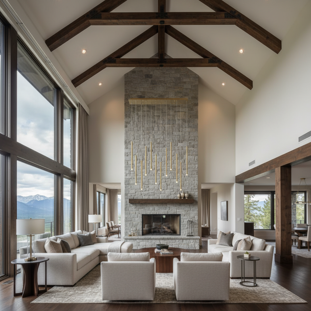 Riviko Aura Cascade Linear LED Chandelier - luxury American great room with cathedral ceiling