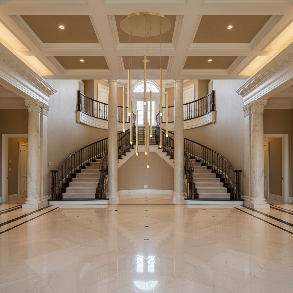 Riviko Radiant Spire Round LED Chandelier - American estate entrance hall