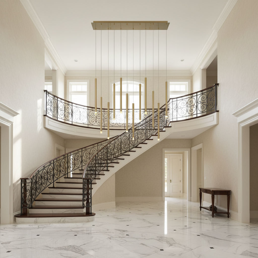 Riviko Aura Cascade Linear LED Chandelier - grand American foyer with soaring ceiling