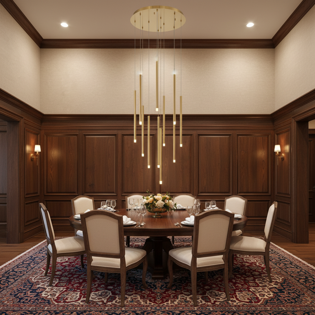 Riviko Radiant Spire Round LED Chandelier - formal American dining room with high ceiling