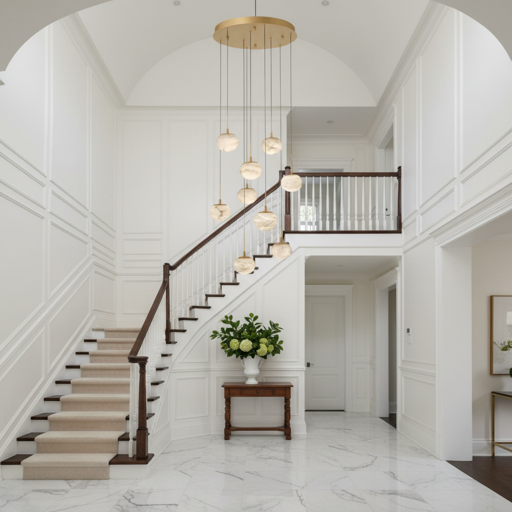 Riviko Alabaster Ovoid Cluster Round LED Chandelier - elegant American entryway with arched doorway