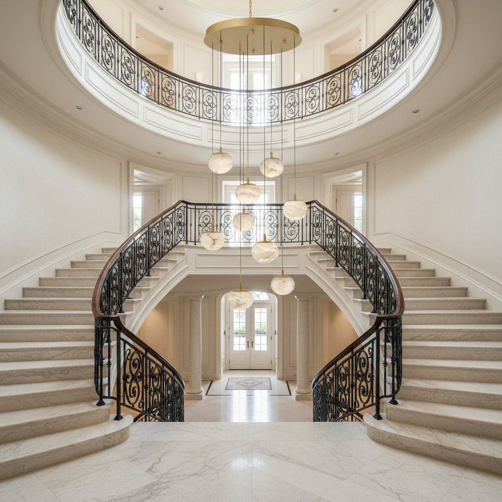 Riviko Alabaster Ovoid Cluster Round LED Chandelier - dramatic American stairwell with soaring ceiling