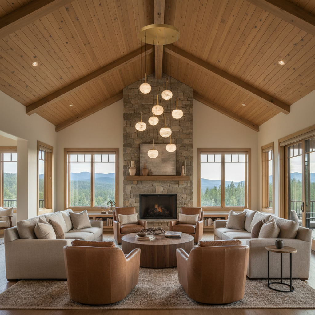 Riviko Alabaster Ovoid Cluster Round LED Chandelier - American transitional great room with cathedral ceiling