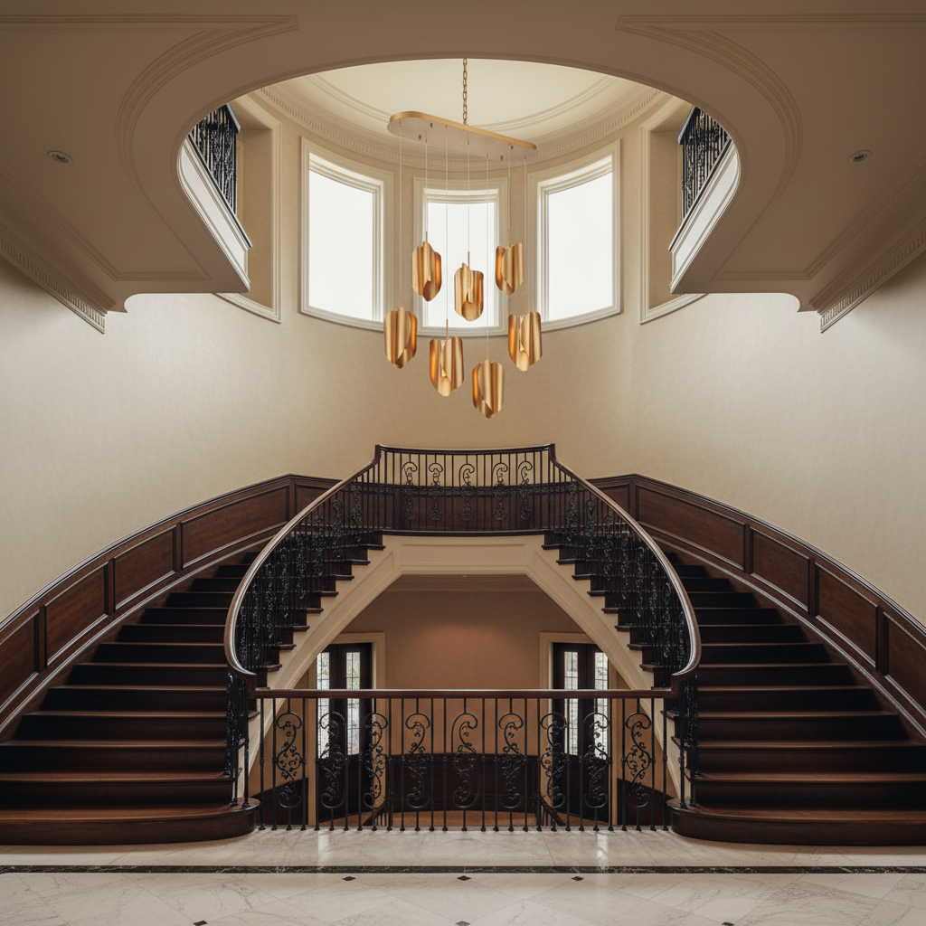 Riviko Aura Petal Oval LED Chandelier - dramatic American stairwell with soaring ceiling