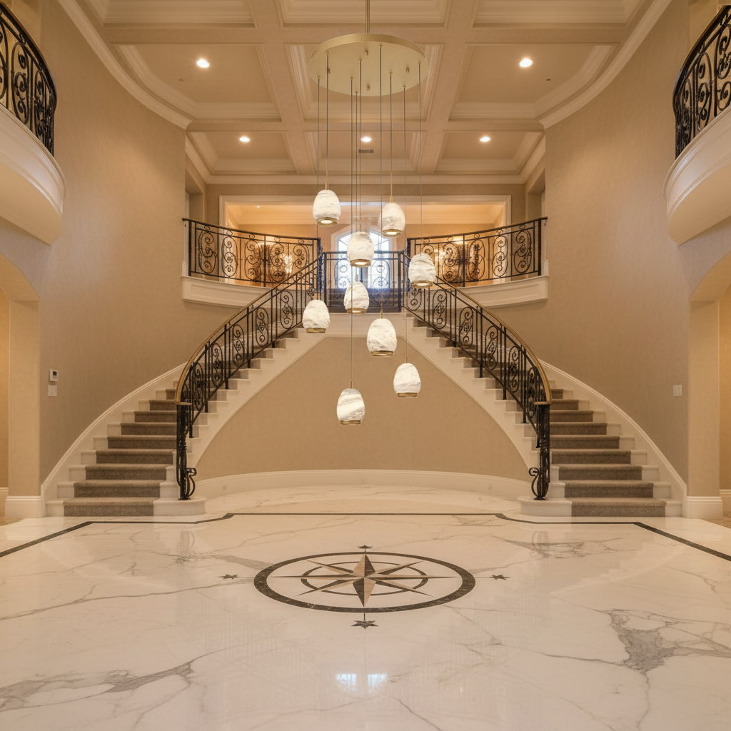 Riviko Alabaster Aura Round LED Chandelier - grand American foyer with two-story ceiling