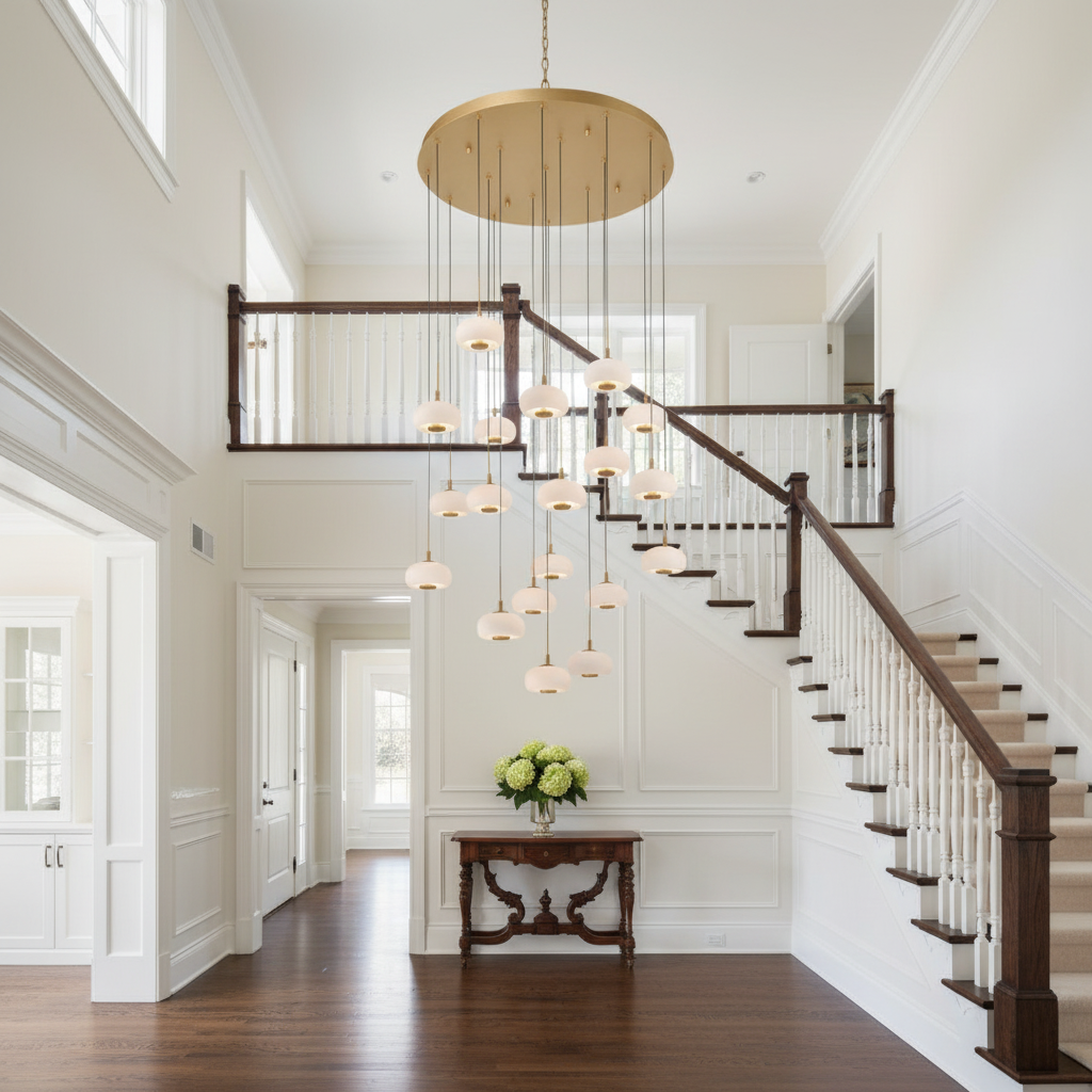 Riviko AuraSphere 19-Light Round Chandelier - elegant American entryway with arched doorway