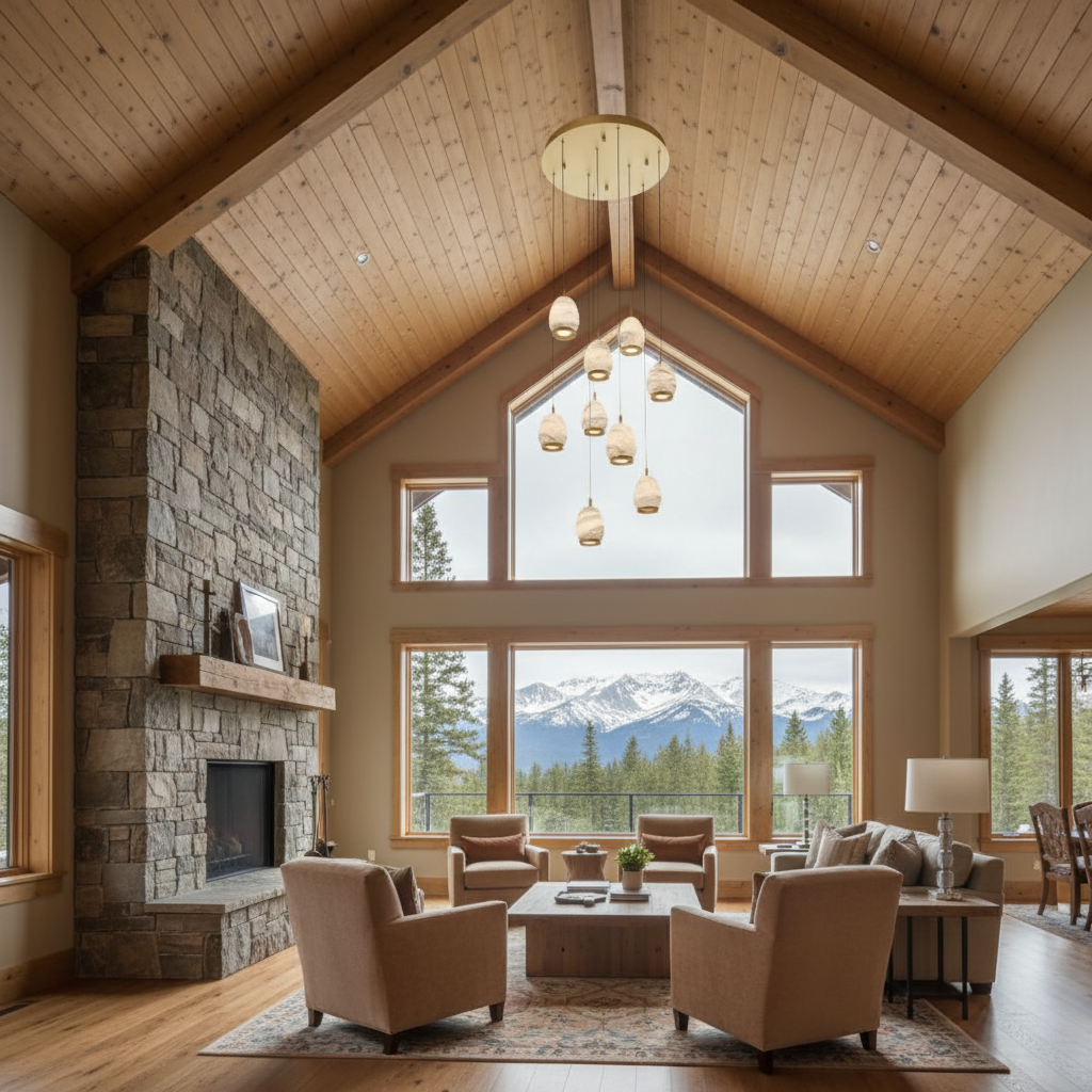 Riviko Alabaster Aura Round LED Chandelier - American transitional great room with cathedral ceiling