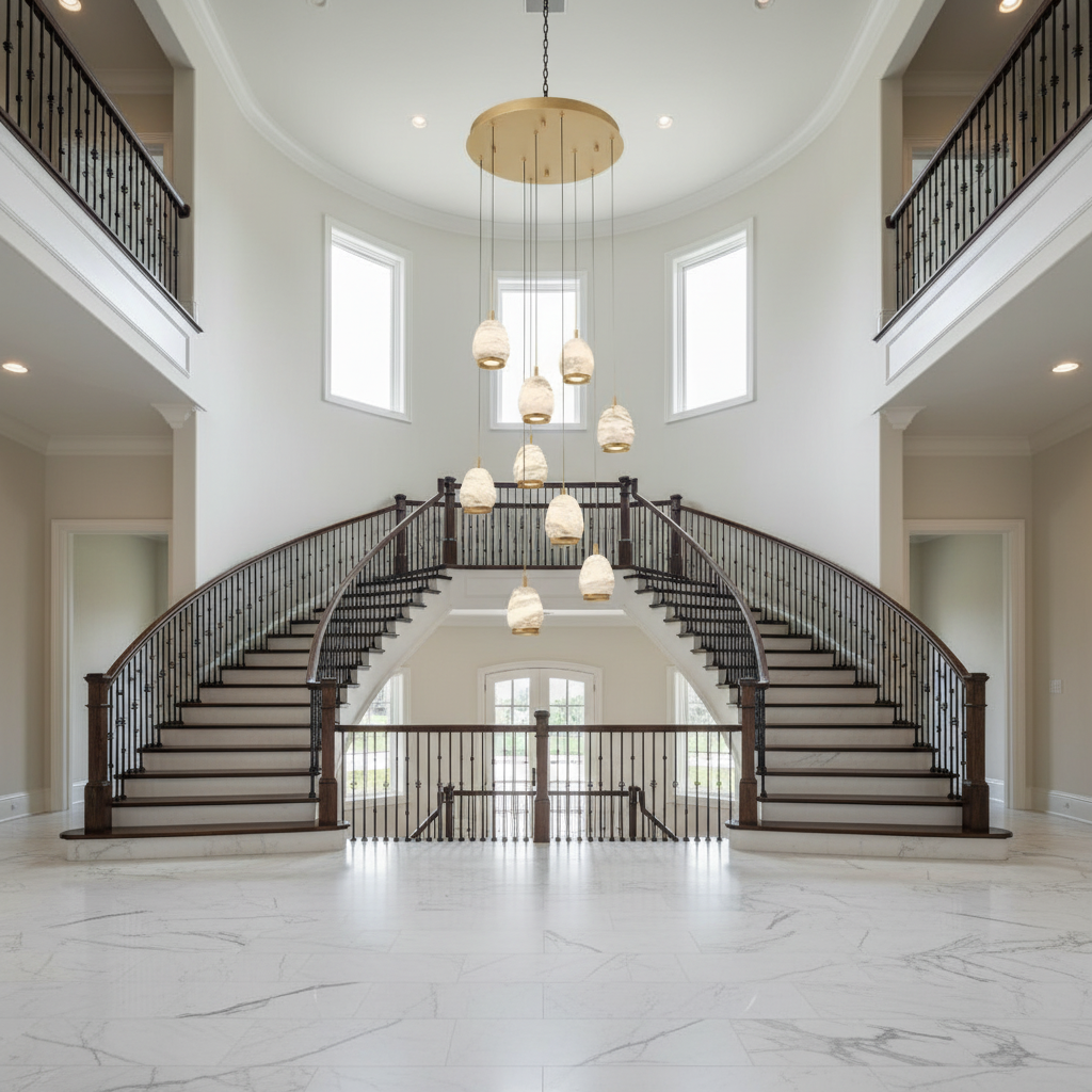 Riviko Alabaster Aura Round LED Chandelier - dramatic American stairwell with soaring ceiling