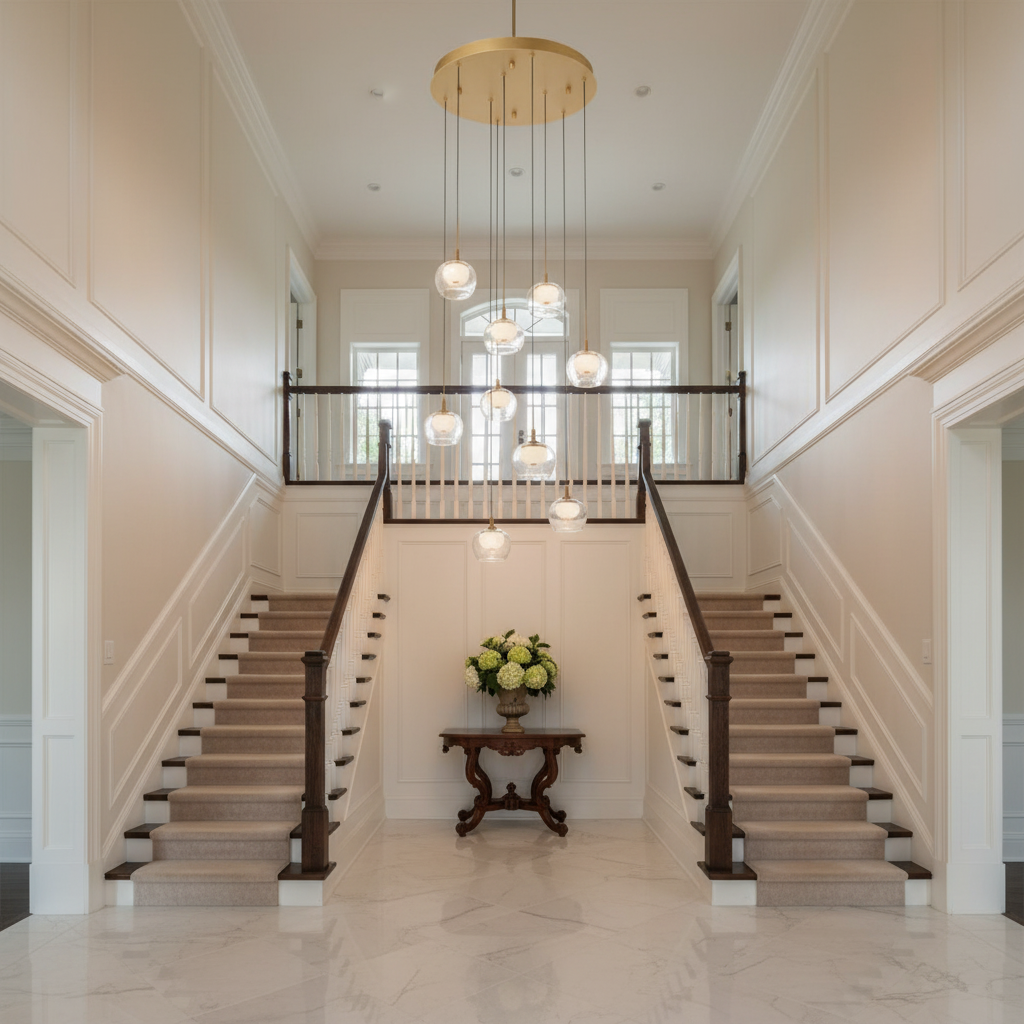 Riviko Aura Cascade Round LED Chandelier - elegant American entryway with arched doorway