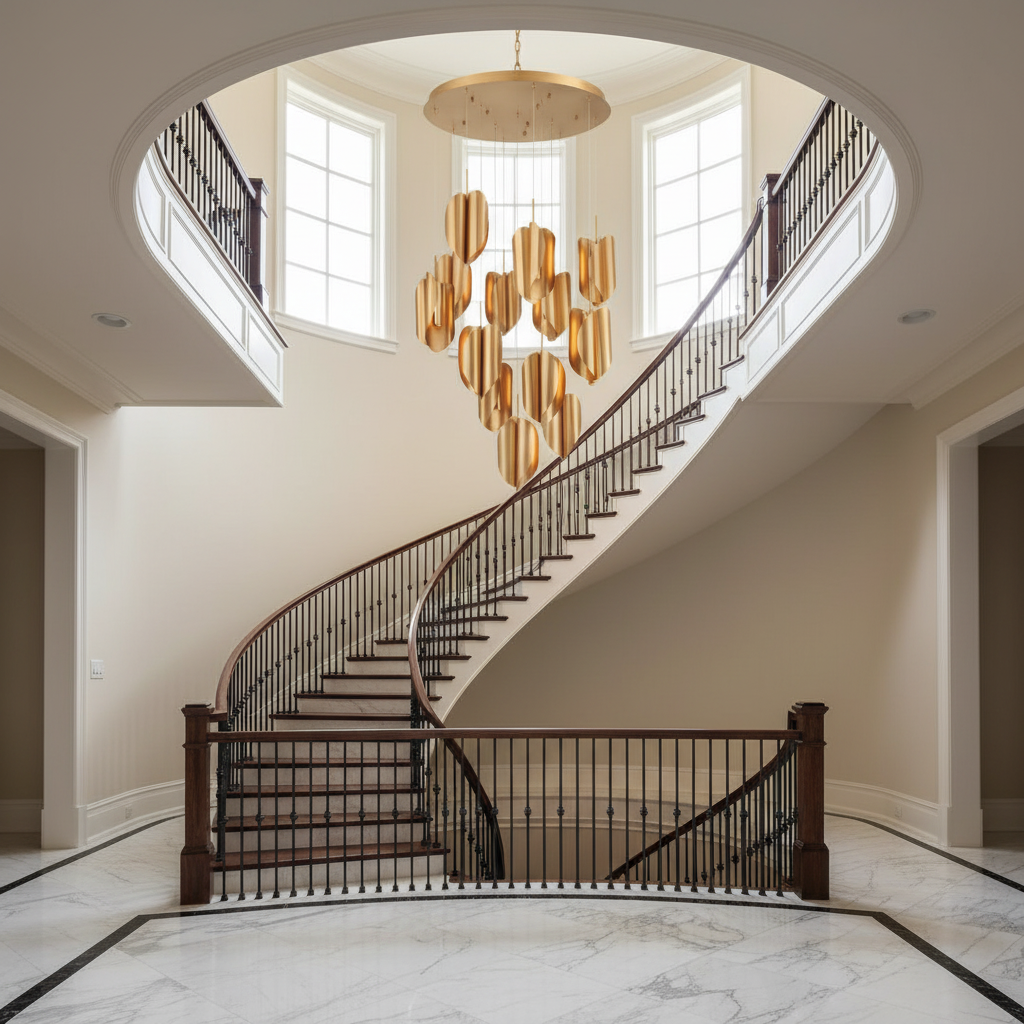 Riviko Aura Petal Round LED Chandelier - dramatic American stairwell with soaring ceiling