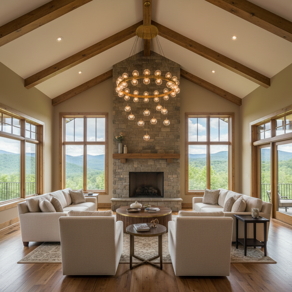 Riviko Aura Cascade Round LED Chandelier - American transitional great room with cathedral ceiling