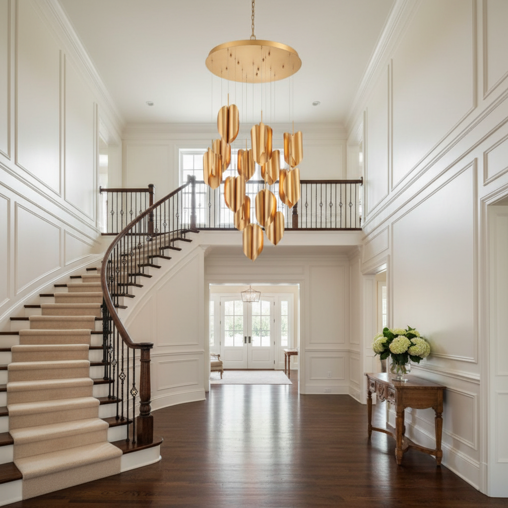 Riviko Aura Petal Round LED Chandelier - elegant American entryway with arched doorway