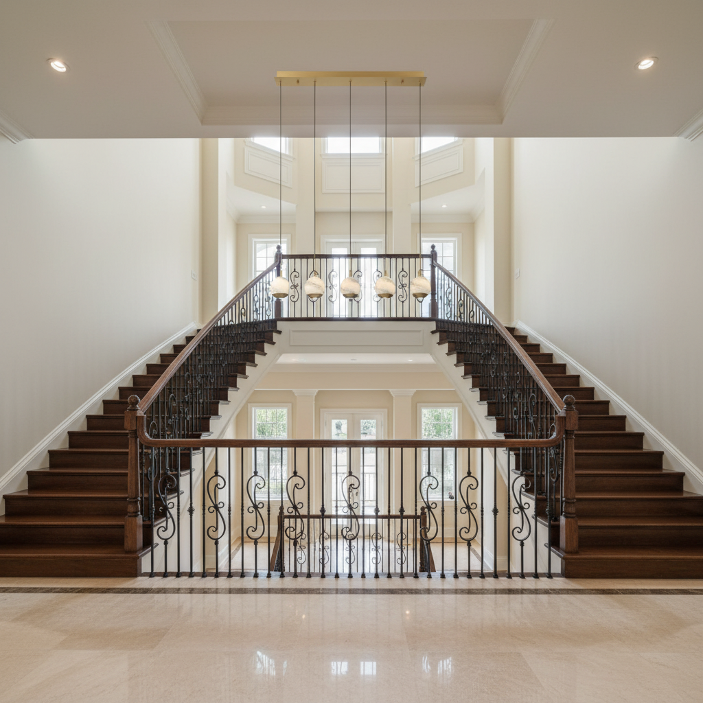 Riviko Alabaster Bloom Linear LED Chandelier - dramatic American stairwell with soaring ceiling