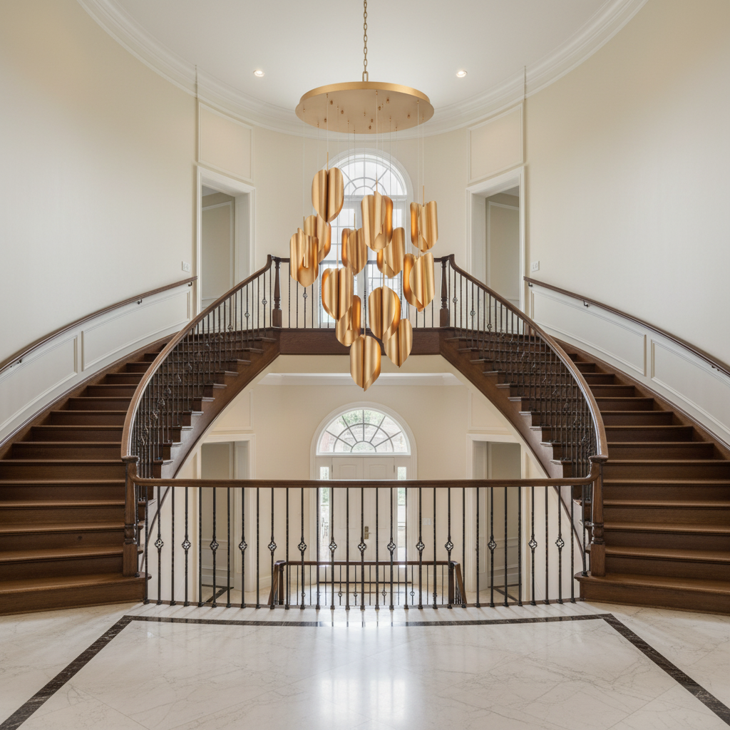 Riviko Tobey Round LED Chandelier - dramatic American stairwell with soaring ceiling