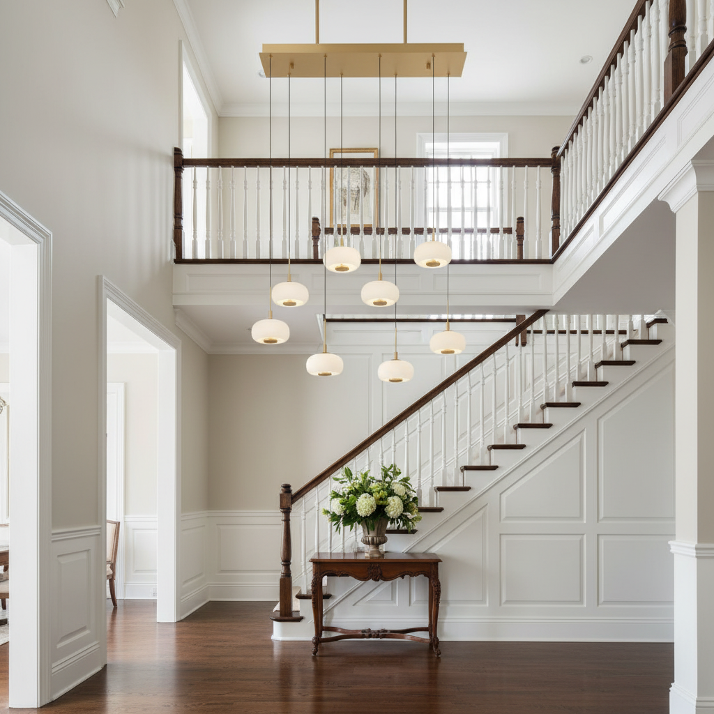 Riviko Nimbus Cascade 8-Light Rectangular LED Chandelier - elegant American entryway with arched doorway
