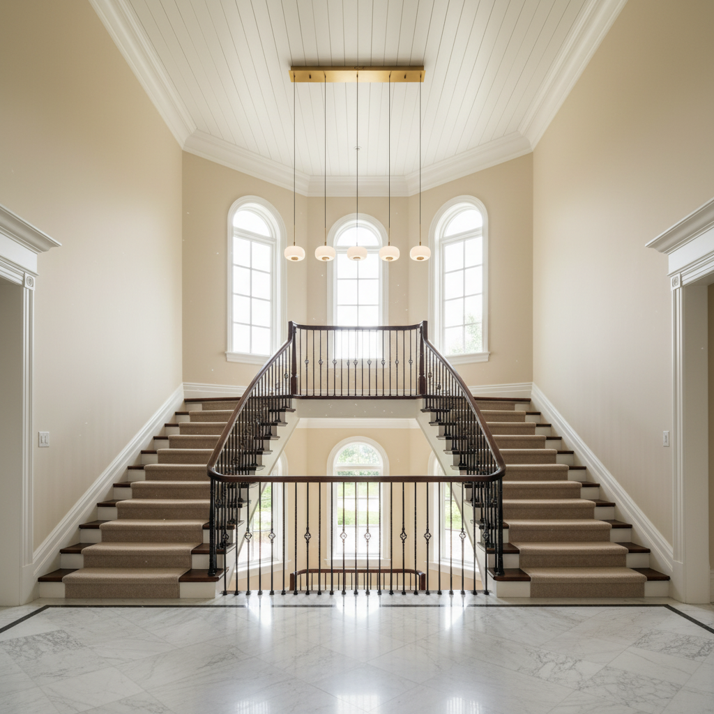 Riviko Aura Stream 5-Light Linear LED Chandelier - dramatic American stairwell with soaring ceiling