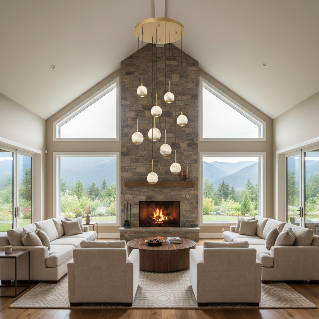 Riviko Alabaster Bloom Round LED Chandelier - American transitional great room with cathedral ceiling
