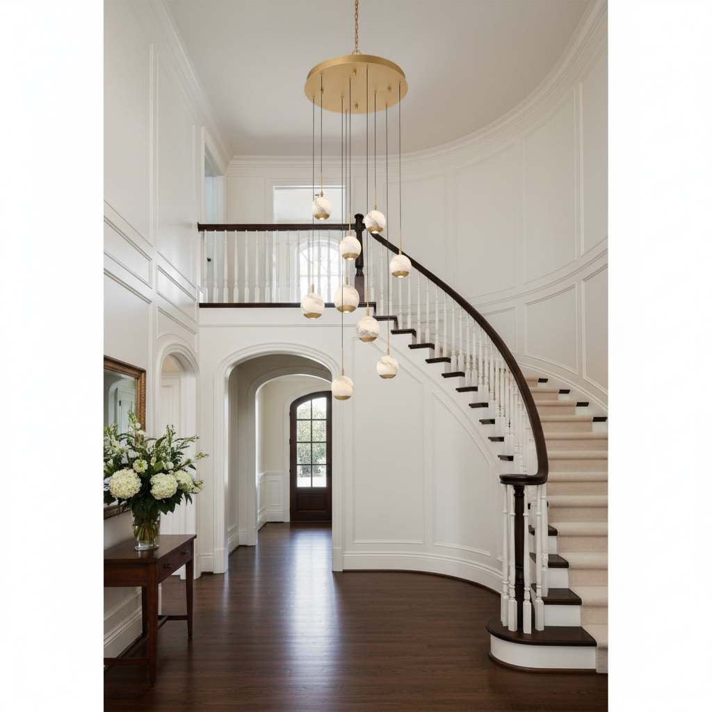 Riviko Alabaster Bloom Round LED Chandelier - elegant American entryway with arched doorway