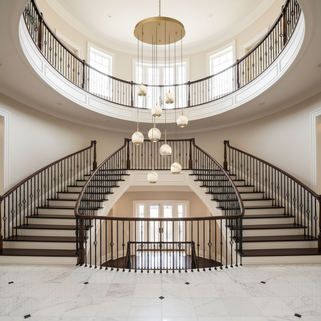 Riviko Kimma Lights Round LED Chandelier - dramatic American stairwell with soaring ceiling