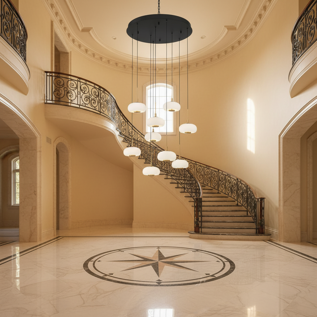Riviko Celestial Orb 9-Light Round LED Chandelier - grand American foyer with two-story ceiling
