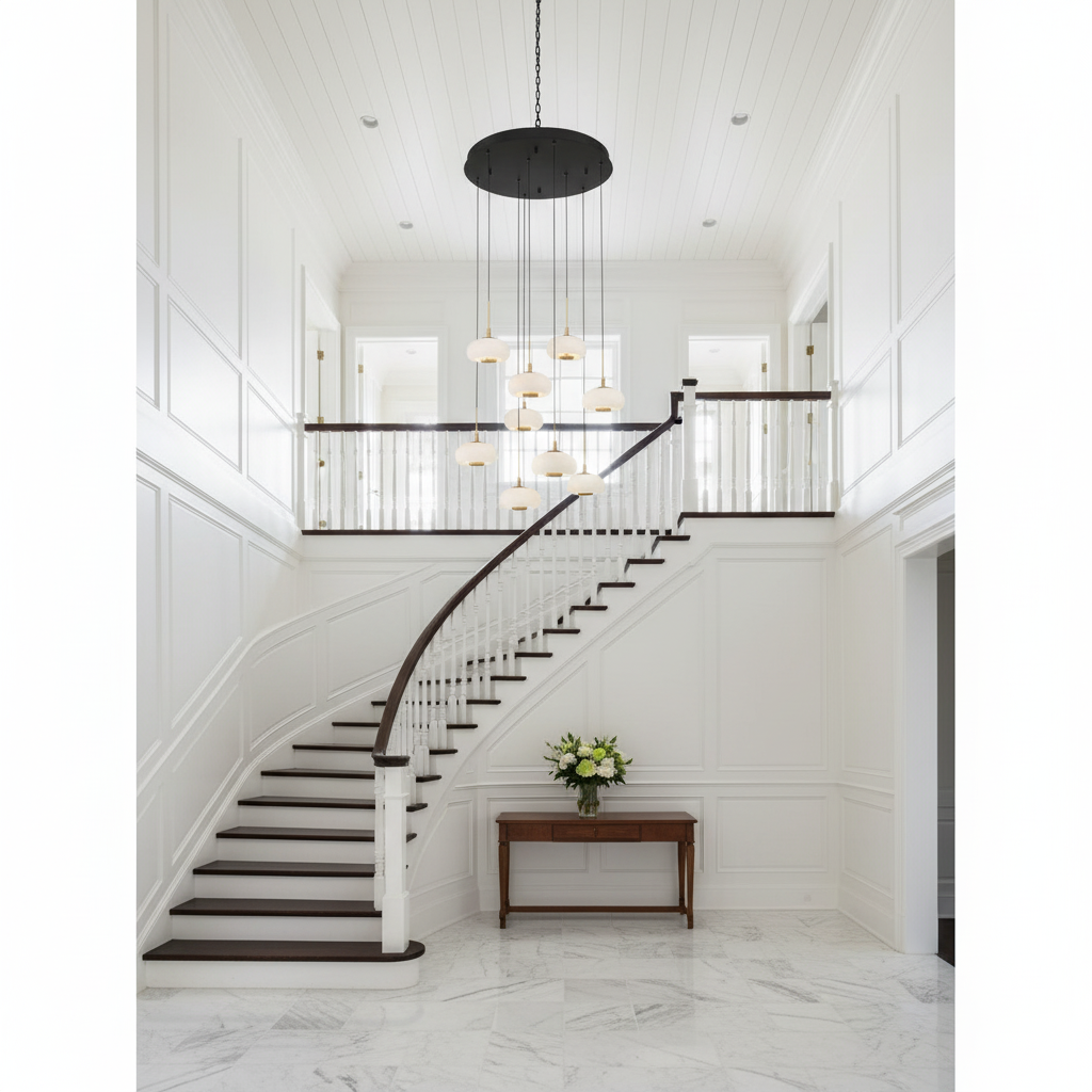 Riviko Celestial Orb 9-Light Round LED Chandelier - elegant American entryway with arched doorway