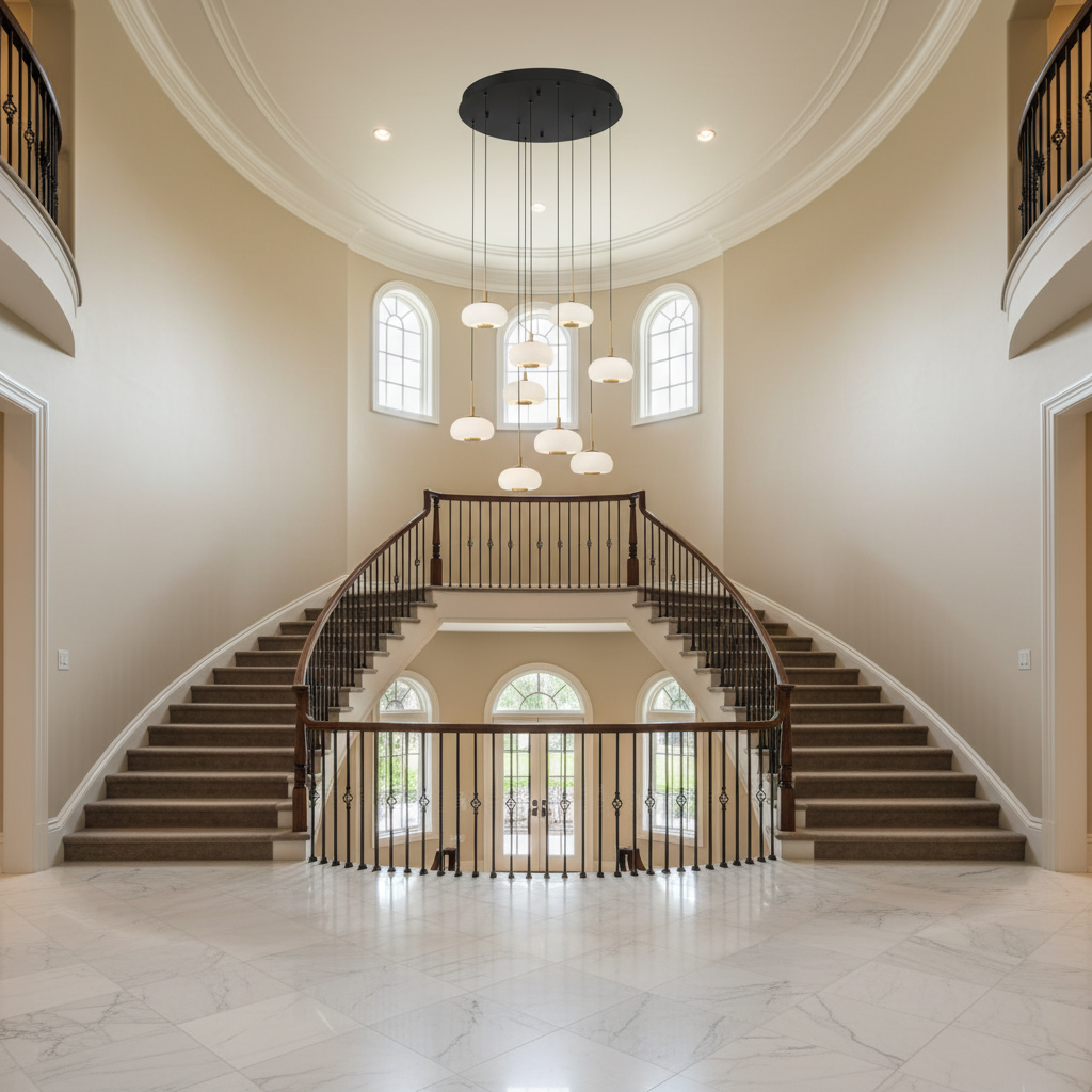 Riviko Celestial Orb 9-Light Round LED Chandelier - dramatic American stairwell with soaring ceiling
