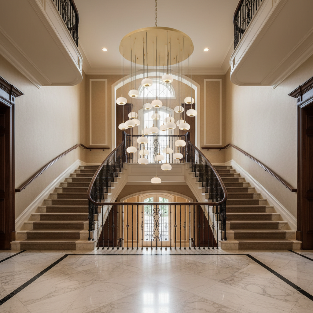 Riviko Celestial Orb 31-Light Round LED Chandelier - dramatic American stairwell with soaring ceiling