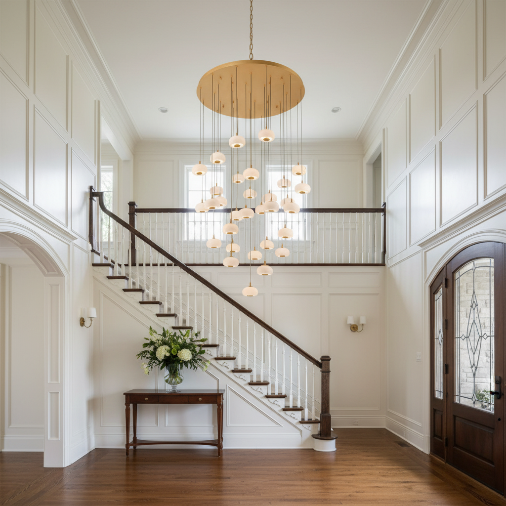 Riviko Celestial Orb 31-Light Round LED Chandelier - elegant American entryway with arched doorway
