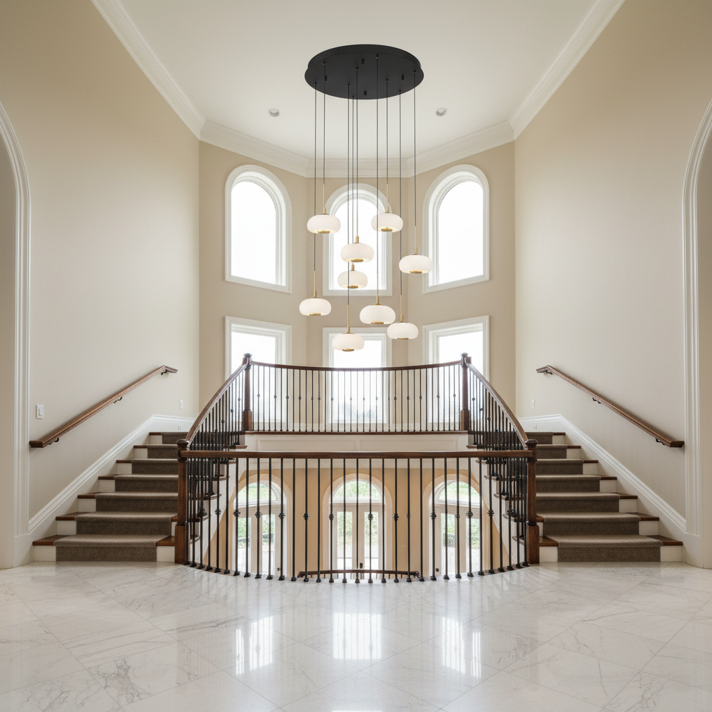 Riviko Lanterns 9 Light Round LED Chandelier - dramatic American stairwell with soaring ceiling