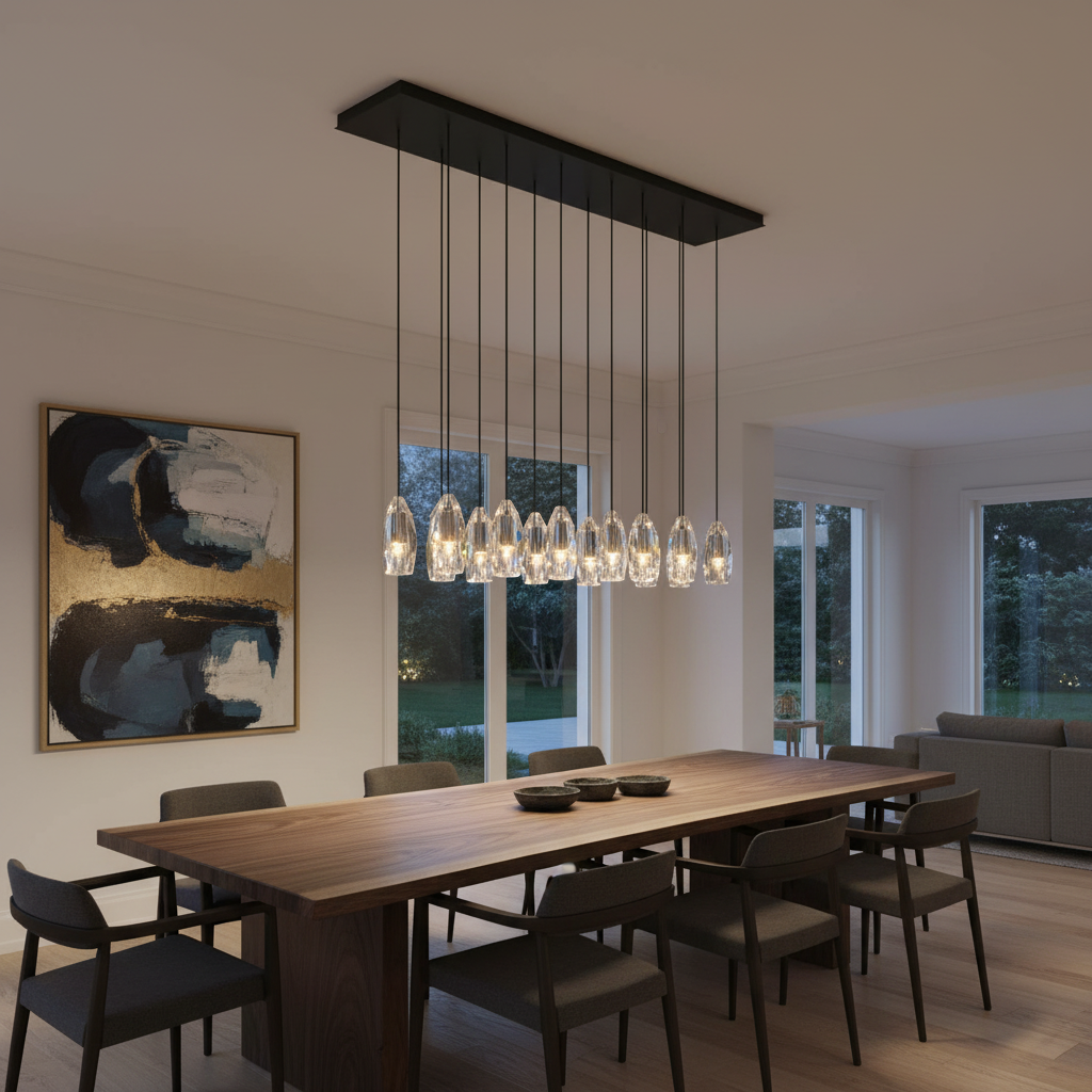 Riviko Veridian Linear Chandelier - American great room dining area