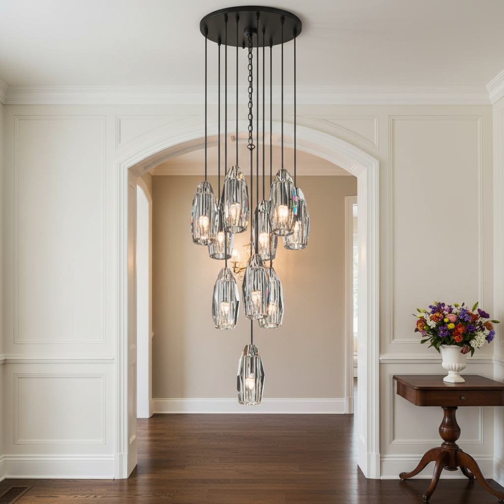 Riviko Radiant Aura Circular Chandelier - elegant American entryway with arched doorway