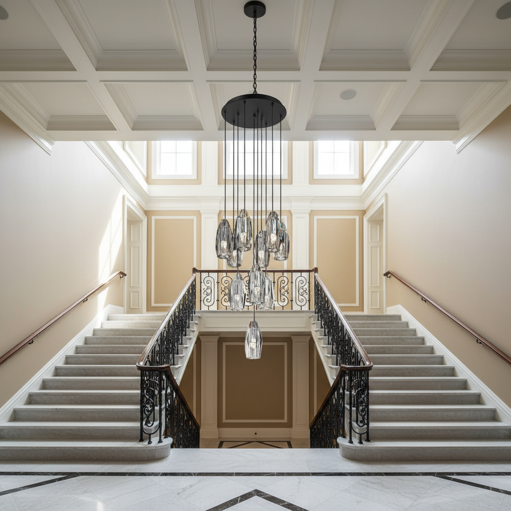 Riviko Radiant Aura Circular Chandelier - dramatic American stairwell with soaring ceiling