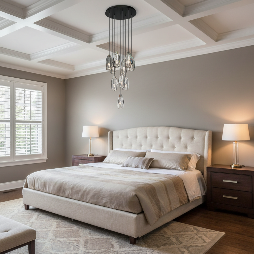 Riviko Chapt Circular Chandelier - American master bedroom with coffered ceiling