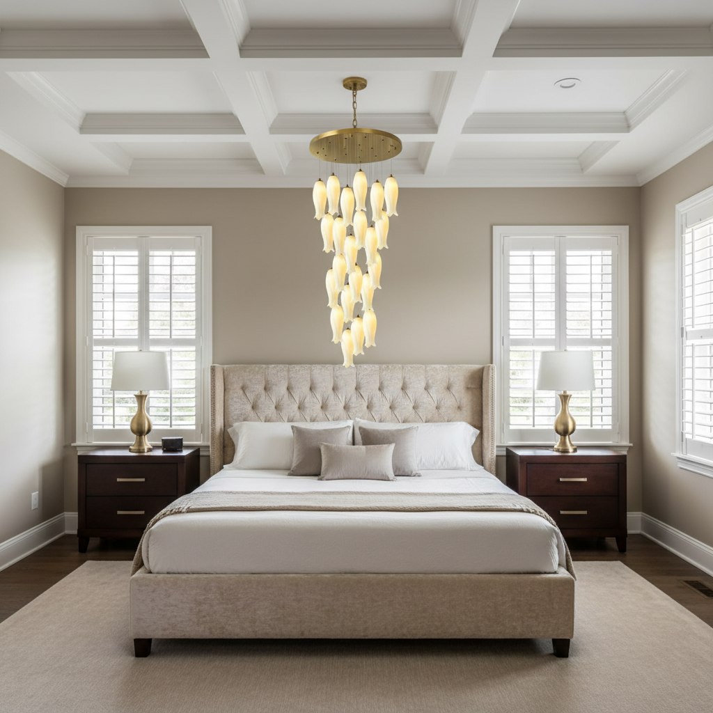 Riviko Porcelain Petal Grand Cascade Chandelier - American master bedroom with coffered ceiling