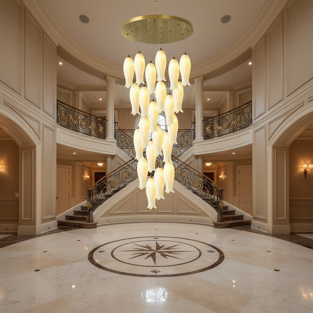 Riviko Porcelain Petal Grand Cascade Chandelier - grand American foyer with two-story ceiling