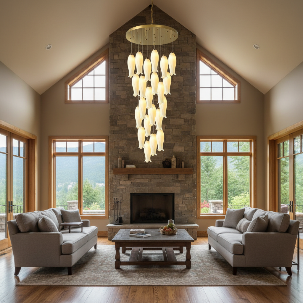 Riviko Porcelain Petal Grand Cascade Chandelier - American transitional great room with cathedral ceiling