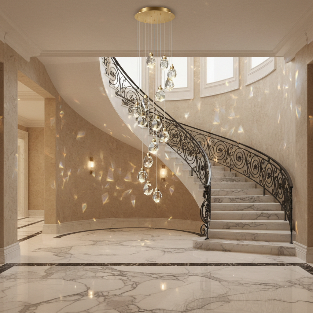 Riviko Radiant Cascade Crystal Chandelier - dramatic American stairwell with soaring ceiling