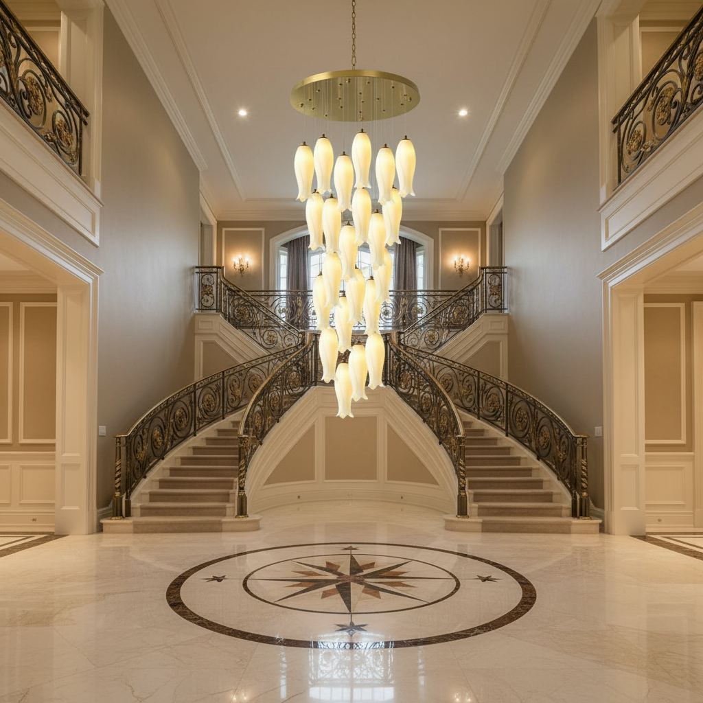 Riviko Luma Flora Stairs Chandelier - grand American foyer with two-story ceiling